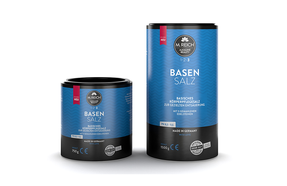 M. Reich BasenSalz. BasischesKörperpflegesalz zur gezielten Entsäuerung in Runddosen mit 750 g und 1500 g.
